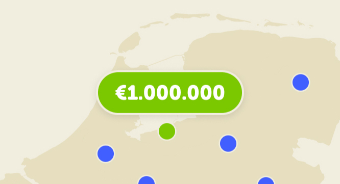 Een grafische weergave van een landkaart waarop aangegeven wordt waar de prijzen van Miljoenenspel zijn gevallen