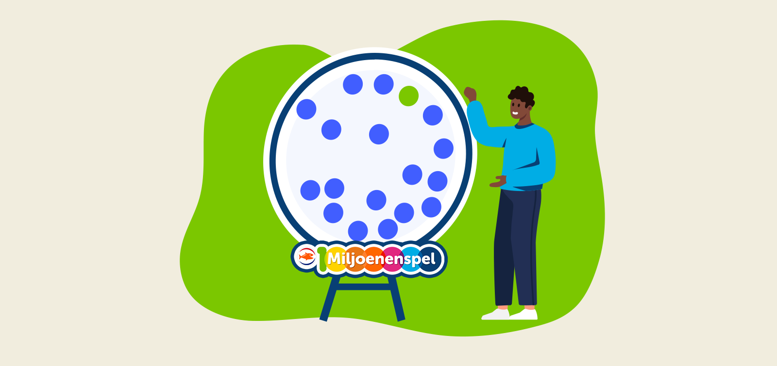 Illustratie van een persoon die een draaibol met blauwe ballen bedient voor een spel.