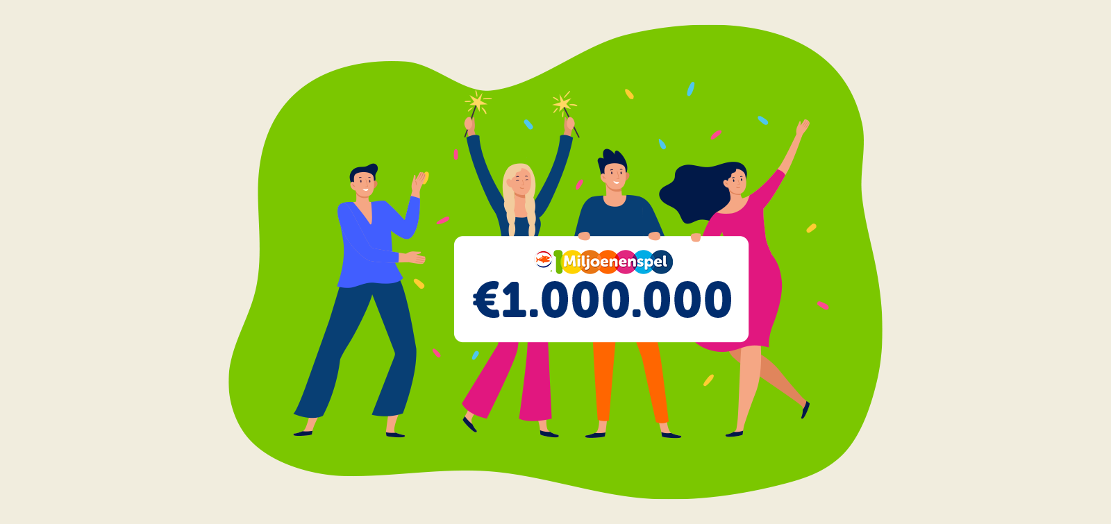 Groep mensen viert met een bord van €1.000.000 voor MiljoenenSpel, confetti en feestelijke sfeer.