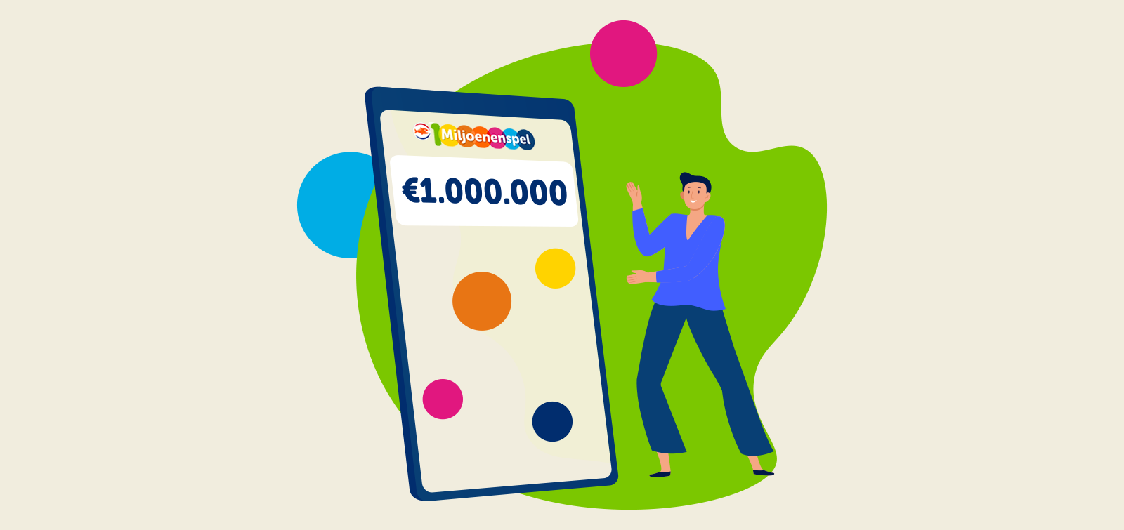 Een persoon staat naast een smartphone met een prijs van €1.000.000 erop, omgeven door kleurrijke cirkels.